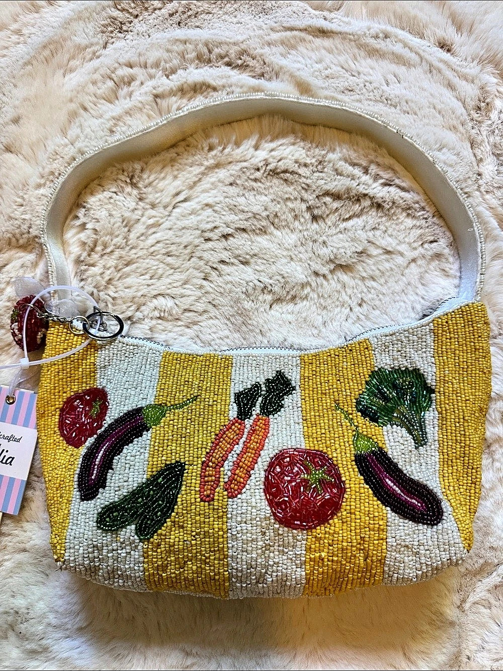 Viral Beaded Vegetable Garden Baguette Shoulder Bag Yellow & White NWT